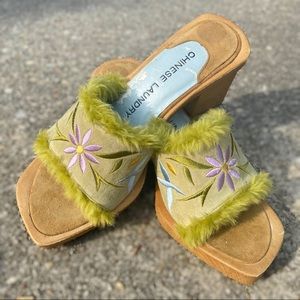 Chinese Laundry Green Furry Embroidered Mules